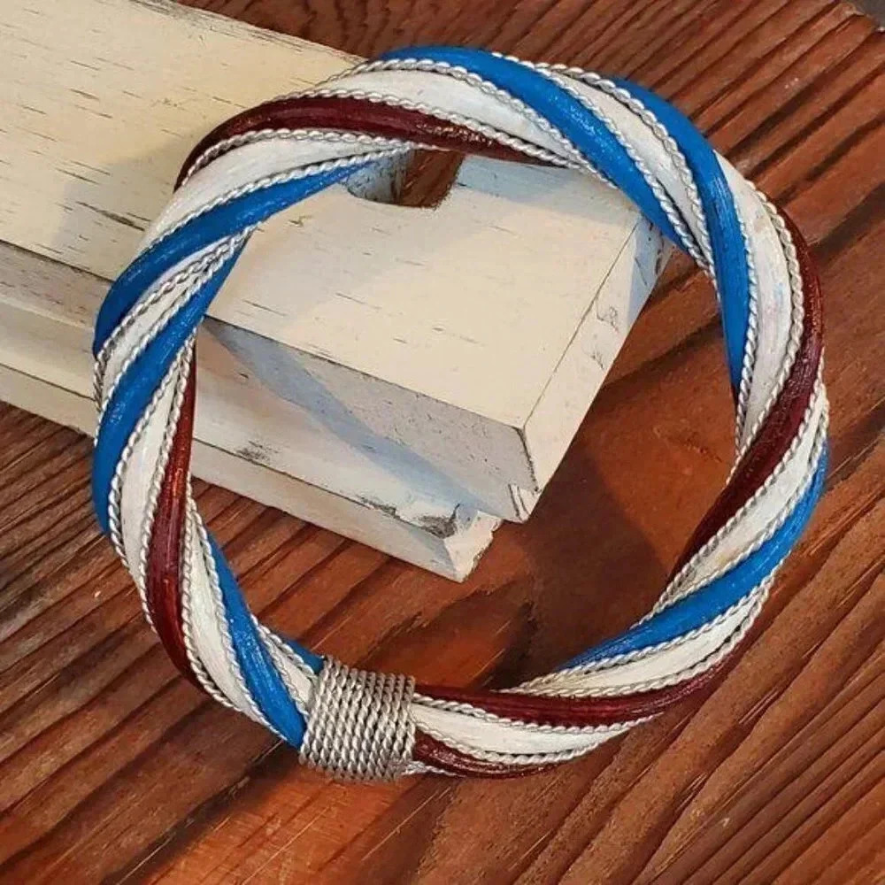 Twisted Rattan Bangle Bracelet Blue White Burgundy